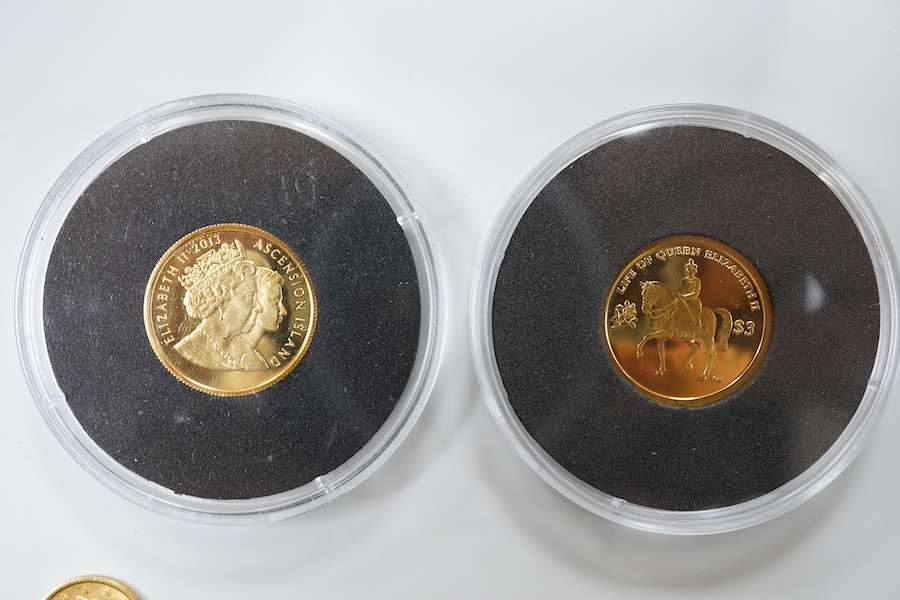 Gold coins, Elizabeth II;, Ascension Island, 1/5 sovereign, 2013, Tristan de Cunha, six gold half crowns (2009 x 4 and 2010 x 2), and a quarter sovereign, 2016, British virgin islands gold $3, 2013, Isle of Man gold 1/5